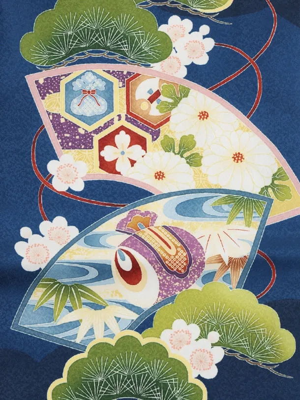 かんたん七五三(3歳男袴)W600 青 扇絵に鷹×ベージュゴールド