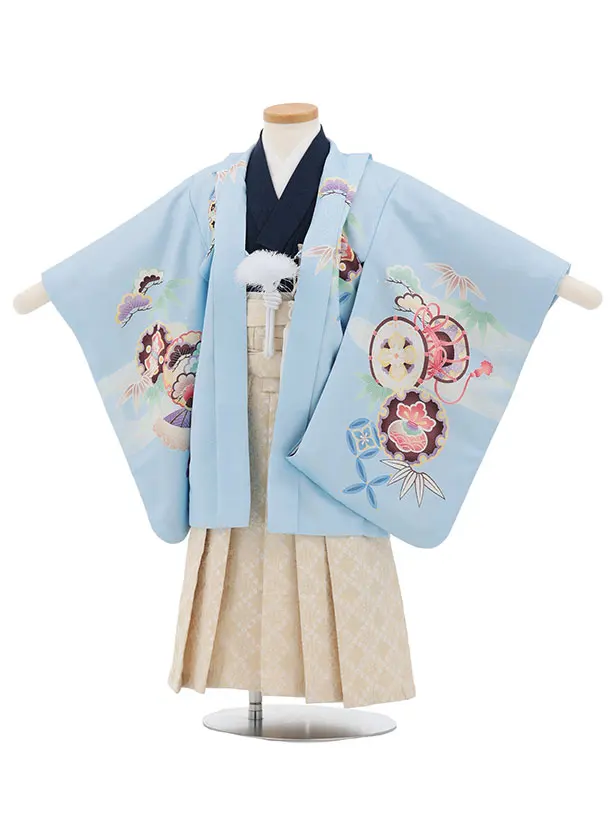 かんたん七五三(3歳男袴)W601 水色 吉祥文様兜×ベージュゴールド