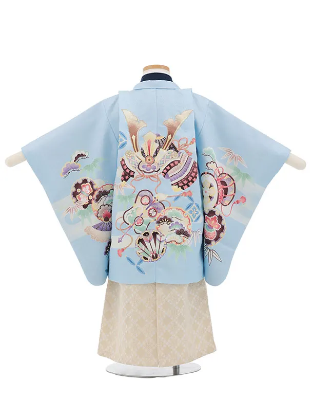 かんたん七五三(3歳男袴)W601 水色 吉祥文様兜×ベージュゴールド