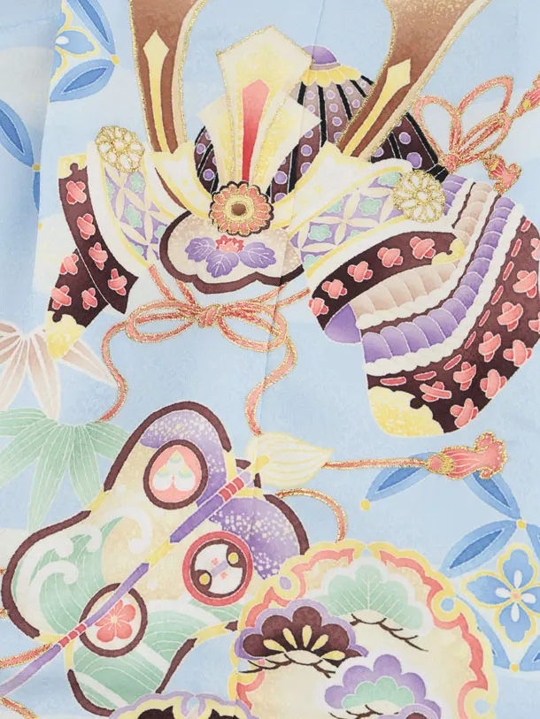 かんたん七五三(3歳男袴)W601 水色 吉祥文様兜×ベージュゴールド