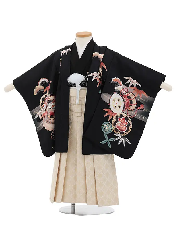 かんたん七五三(3歳男袴)W602 黒 吉祥文様兜×ベージュゴールド