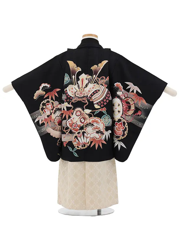 かんたん七五三(3歳男袴)W602 黒 吉祥文様兜×ベージュゴールド