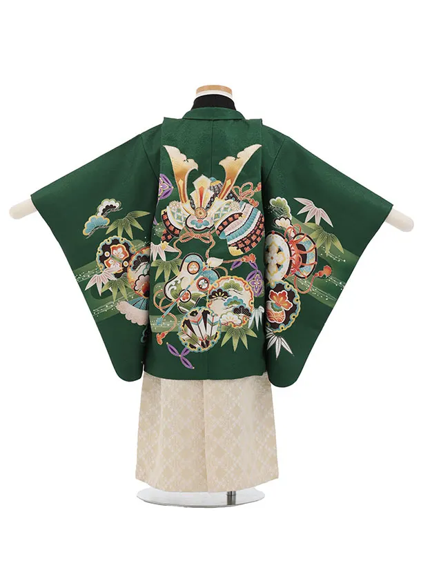 かんたん七五三(3歳男袴)W603 緑 吉祥文様兜×ベージュゴールド