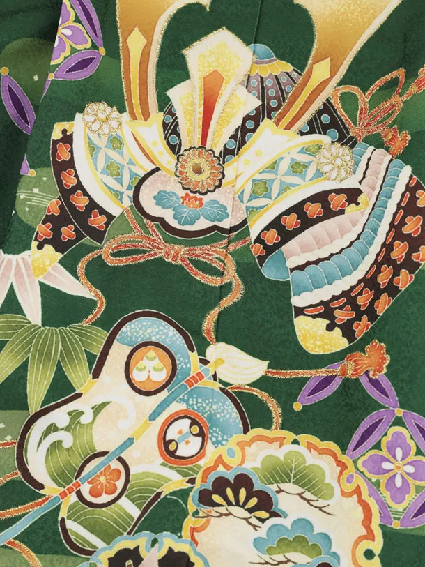 かんたん七五三(3歳男袴)W603 緑 吉祥文様兜×ベージュゴールド