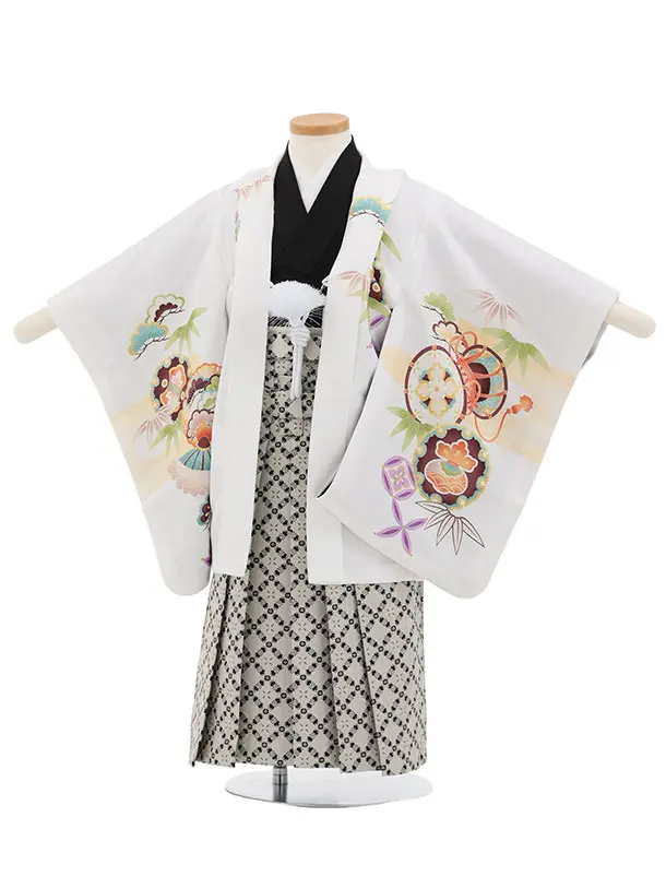 かんたん七五三(3歳男袴)W604 白 吉祥文様兜×ベージュ黒