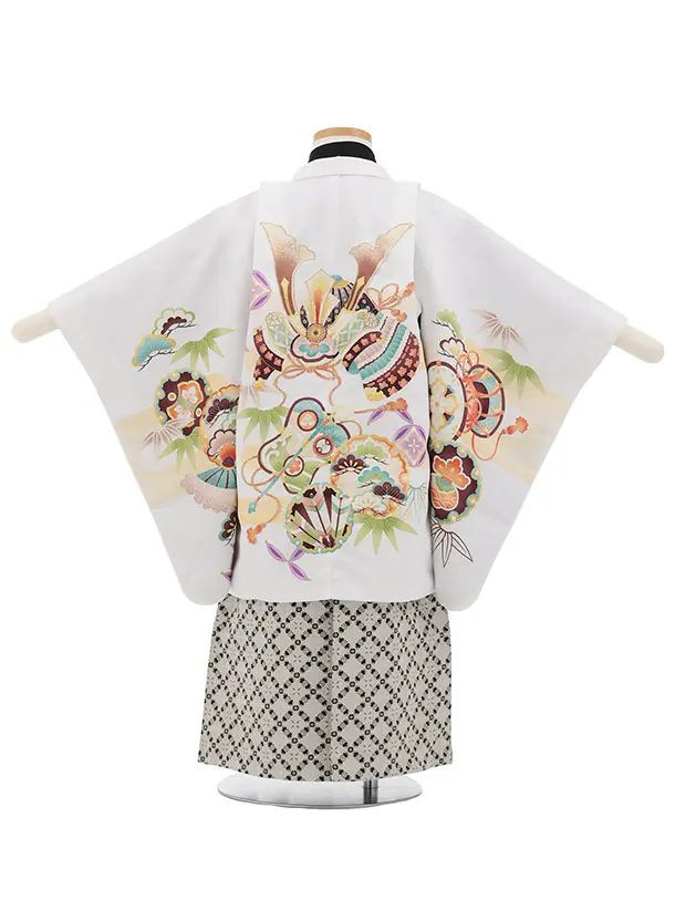 かんたん七五三(3歳男袴)W604 白 吉祥文様兜×ベージュ黒