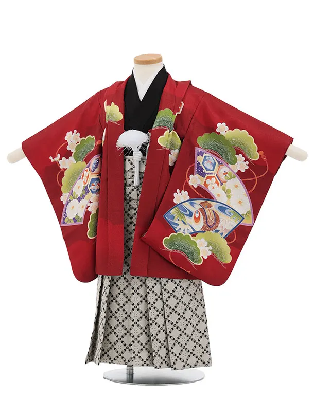 かんたん七五三(3歳男袴)W605 赤 扇絵に鷹×ベージュ黒