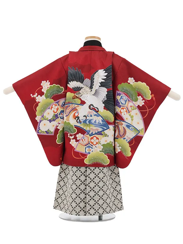 かんたん七五三(3歳男袴)W605 赤 扇絵に鷹×ベージュ黒
