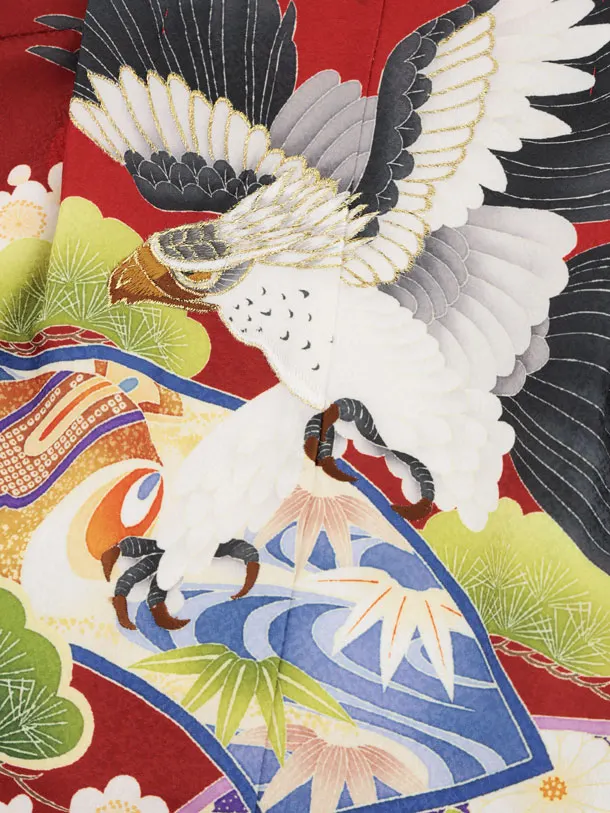 かんたん七五三(3歳男袴)W605 赤 扇絵に鷹×ベージュ黒