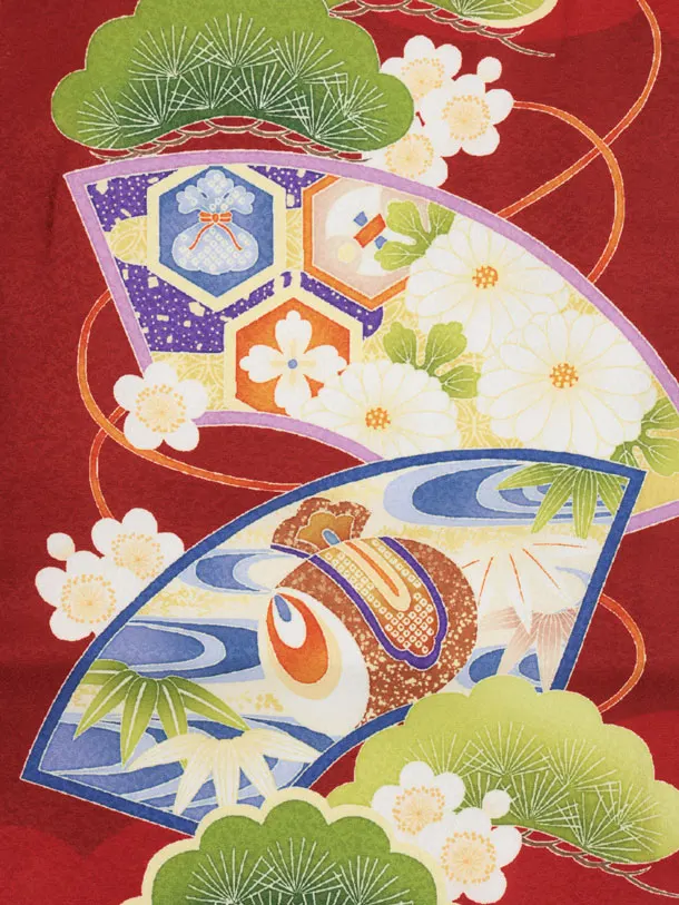 かんたん七五三(3歳男袴)W605 赤 扇絵に鷹×ベージュ黒