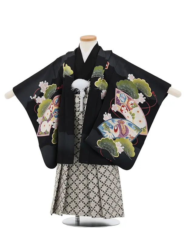 かんたん七五三(3歳男袴)W606 黒 扇絵に鷹×ベージュ黒