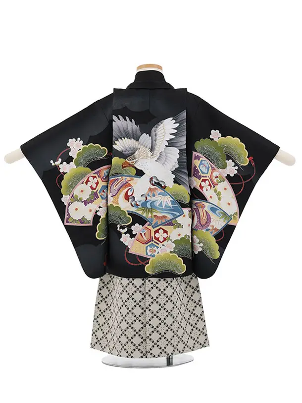 かんたん七五三(3歳男袴)W606 黒 扇絵に鷹×ベージュ黒