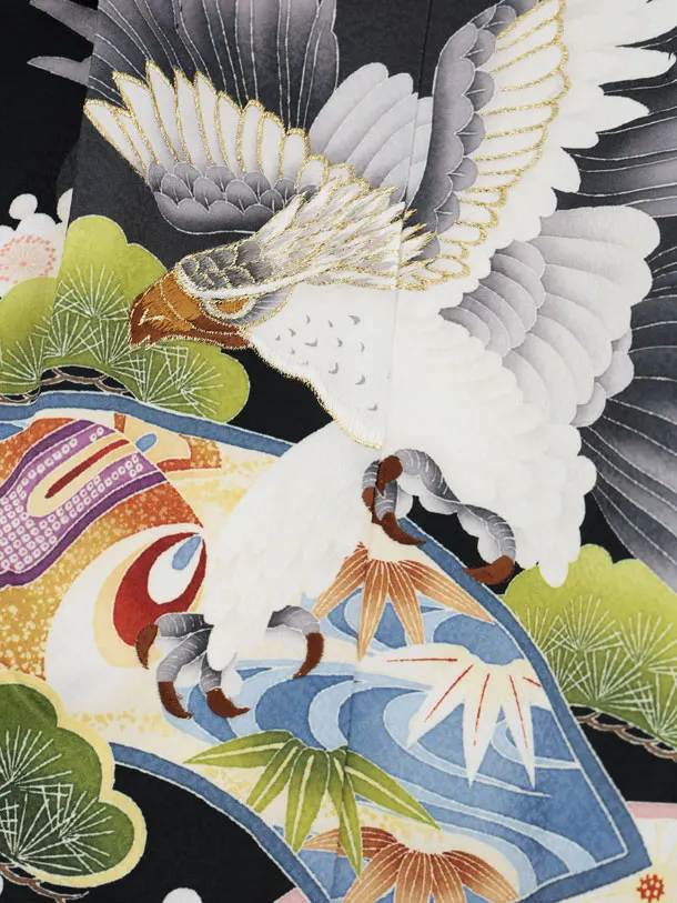 かんたん七五三(3歳男袴)W606 黒 扇絵に鷹×ベージュ黒