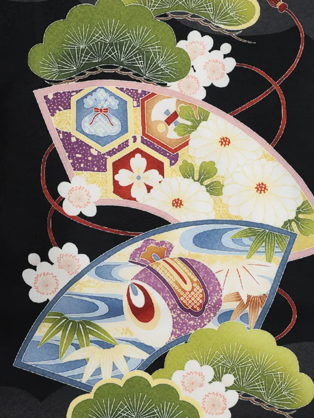 かんたん七五三(3歳男袴)W606 黒 扇絵に鷹×ベージュ黒