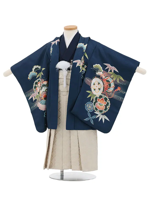 かんたん七五三(3歳男袴)W607 紺 吉祥文様兜×ベージュシルバー