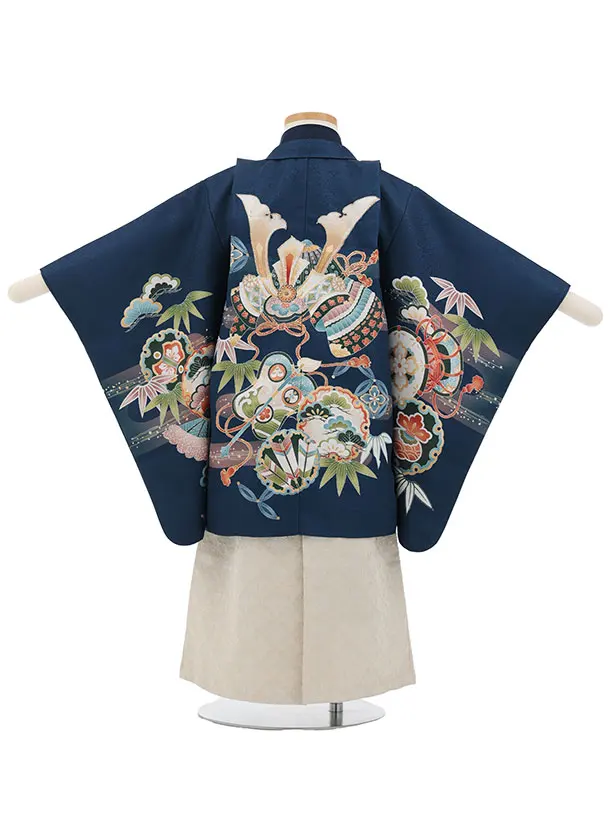 かんたん七五三(3歳男袴)W607 紺 吉祥文様兜×ベージュシルバー