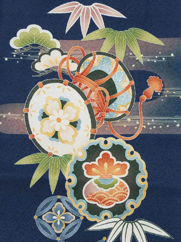 かんたん七五三(3歳男袴)W607 紺 吉祥文様兜×ベージュシルバー