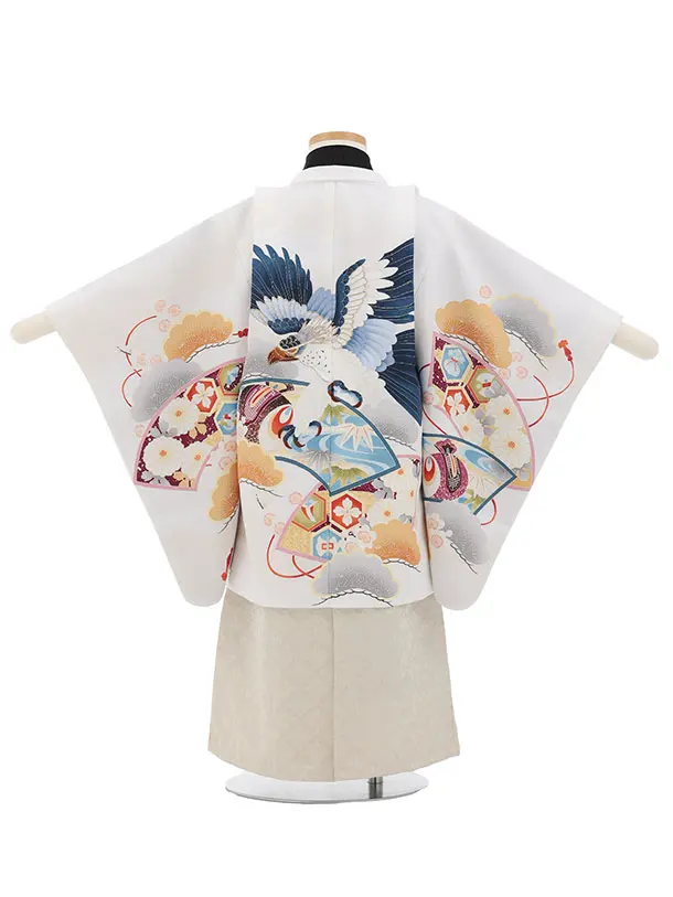 かんたん七五三(3歳男袴)W608 白 扇絵に鷹×ベージュシルバー