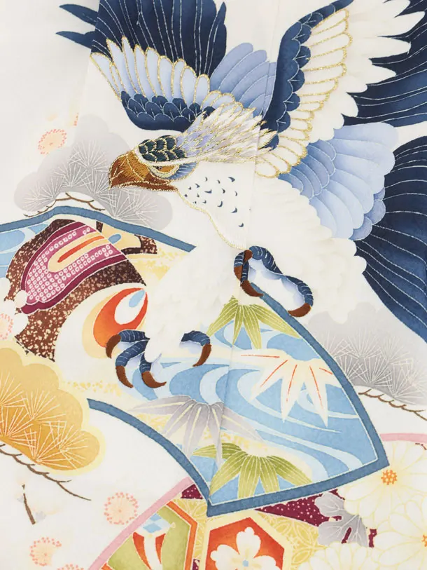 かんたん七五三(3歳男袴)W608 白 扇絵に鷹×ベージュシルバー