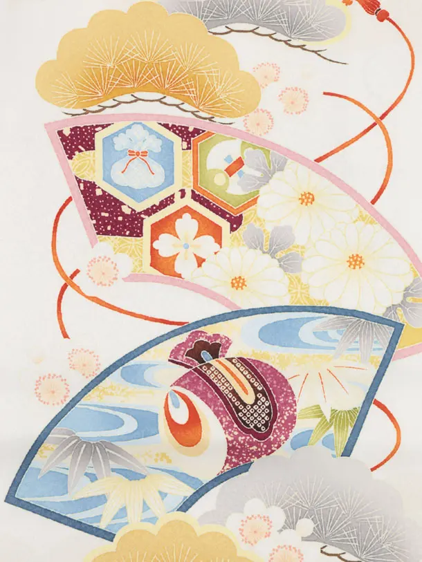 かんたん七五三(3歳男袴)W608 白 扇絵に鷹×ベージュシルバー