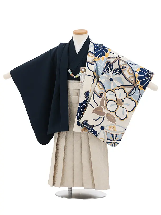 かんたん(3.4歳男児袴)W616 薄ベージュ 菊椿 片身替り×ベージュラメ