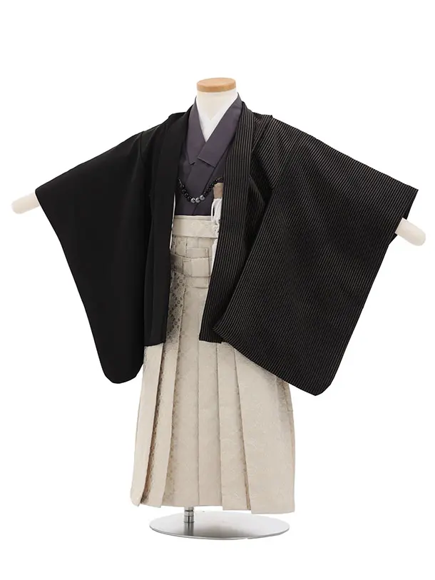 かんたん(3.4歳男児袴)W617 黒ストライプ 片身替り×ベージュラメ