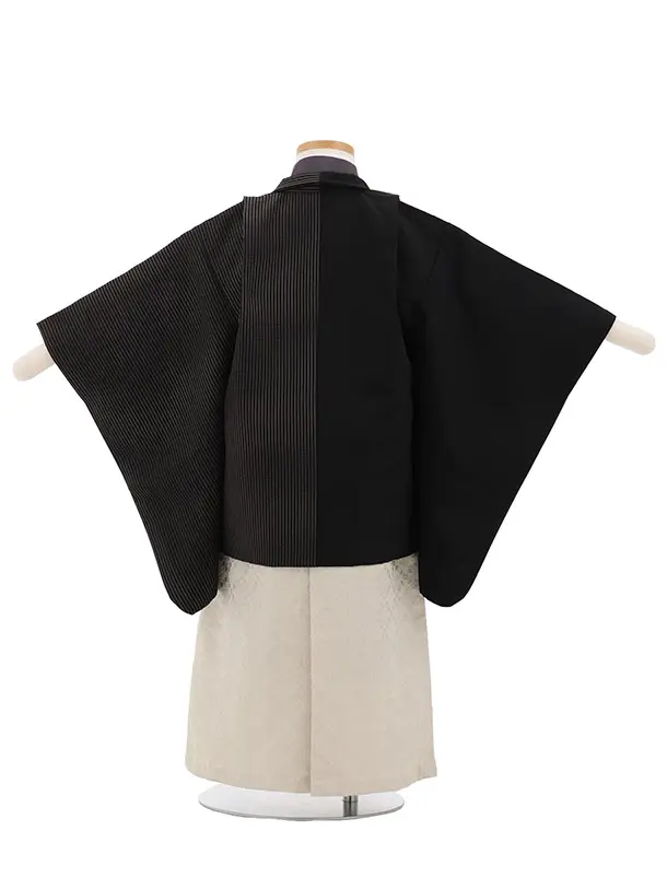 かんたん(3.4歳男児袴)W617 黒ストライプ 片身替り×ベージュラメ