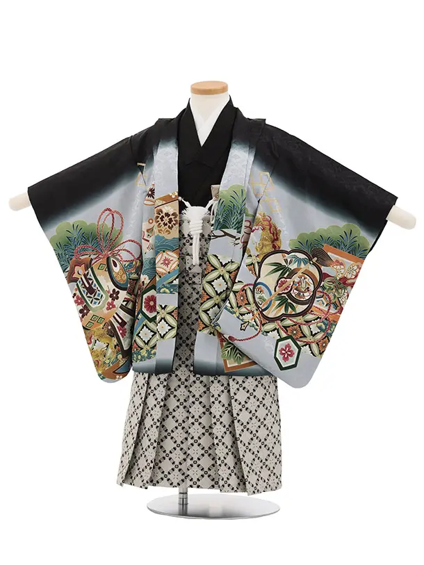 かんたん(3.4歳男児袴)W620 黒地 松鷹 吉祥文様×ベージュラメ黒