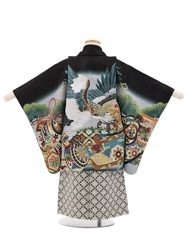 かんたん(3.4歳男児袴)W620 黒地 松鷹 吉祥文様×ベージュラメ黒