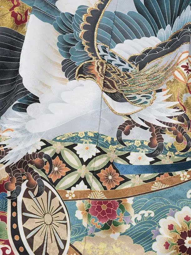 かんたん(3.4歳男児袴)W620 黒地 松鷹 吉祥文様×ベージュラメ黒