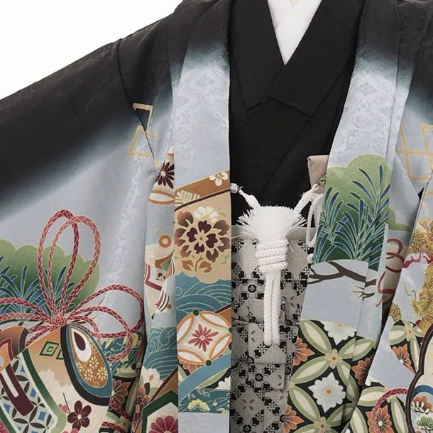 かんたん(3.4歳男児袴)W620 黒地 松鷹 吉祥文様×ベージュラメ黒