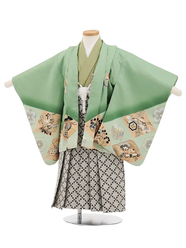 かんたん(3.4歳男児袴)W621 グリーン 染め分け 兜×ベージュラメ黒