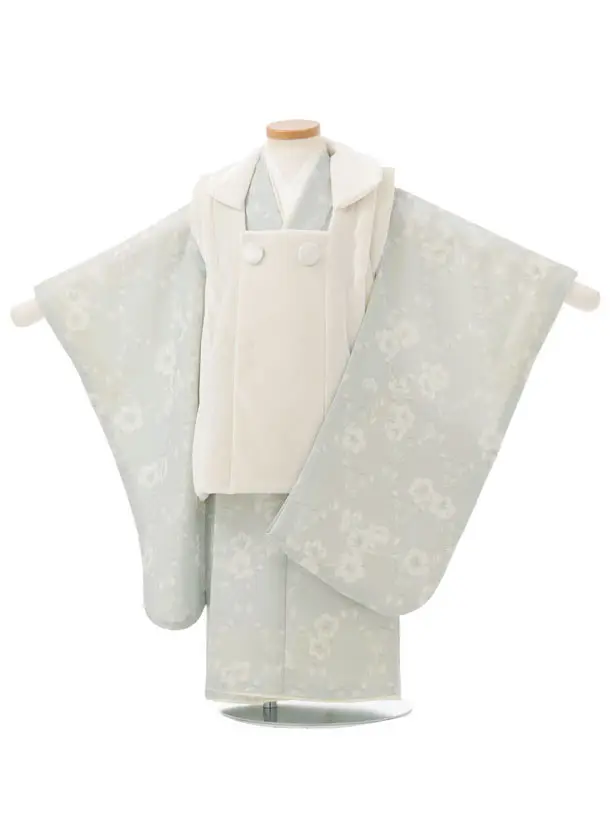 七五三レンタル(3歳男児被布)W646 オフ白 ベルベット×ペールブルー 小花