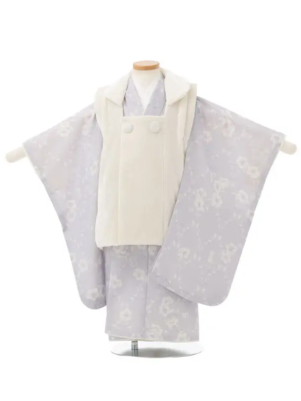 七五三レンタル(3歳男児被布)W648 オフ白 ベルベット×ペールパープル 小花
