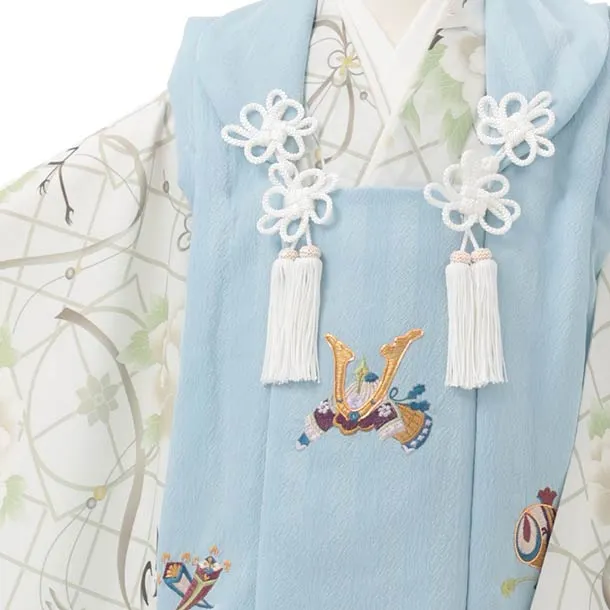 七五三レンタル(3歳男児被布)W649 水色 刺繍兜 ×アイボリー 牡丹 鶴