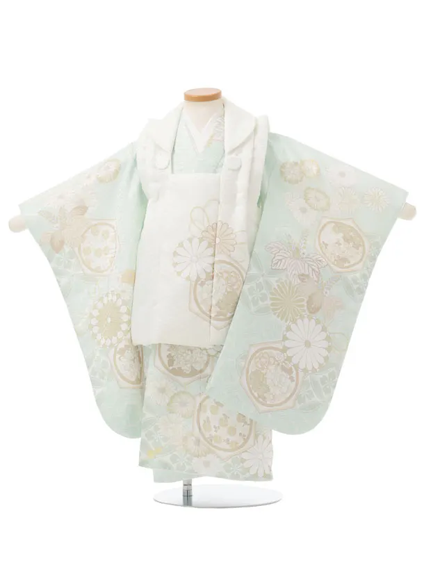 七五三レンタル(3歳男児被布)W655 白 × ペールグリーン 亀甲に菊