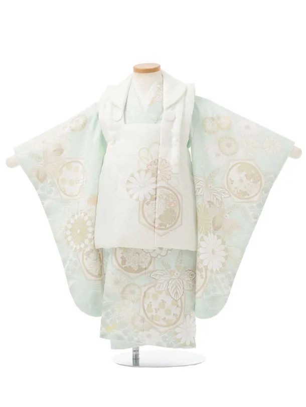 七五三レンタル(3歳男児被布)W655 白 × ペールグリーン 亀甲に菊