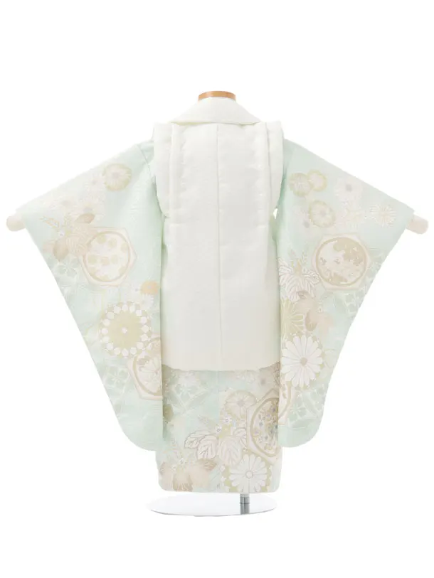 七五三レンタル(3歳男児被布)W655 白 × ペールグリーン 亀甲に菊
