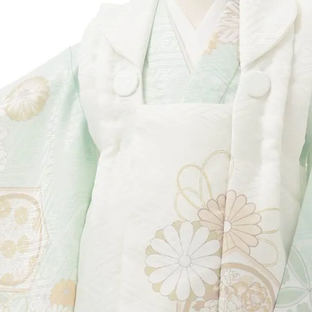 七五三レンタル(3歳男児被布)W655 白 × ペールグリーン 亀甲に菊