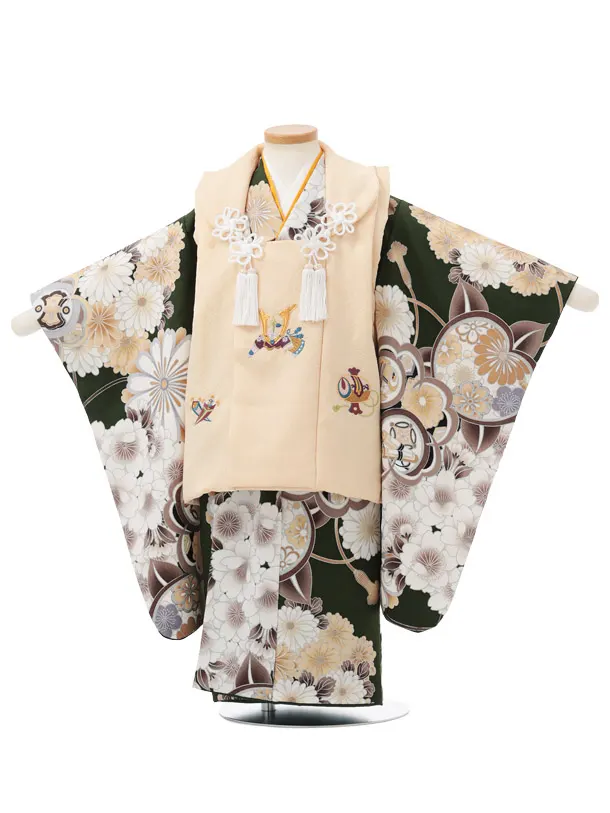 七五三レンタル(3歳男児被布)W659 クリーム刺繍兜 × 緑 橘 桜