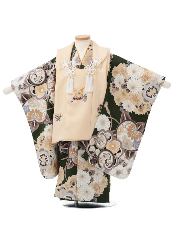 七五三レンタル(3歳男児被布)W660 クリーム刺繍兜 × 緑 橘 桜