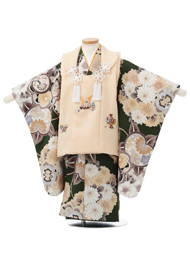 七五三レンタル(3歳男児被布)W660 クリーム刺繍兜 × 緑 橘 桜