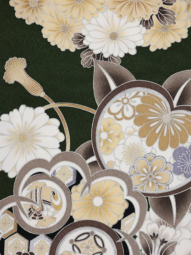 七五三レンタル(3歳男児被布)W660 クリーム刺繍兜 × 緑 橘 桜