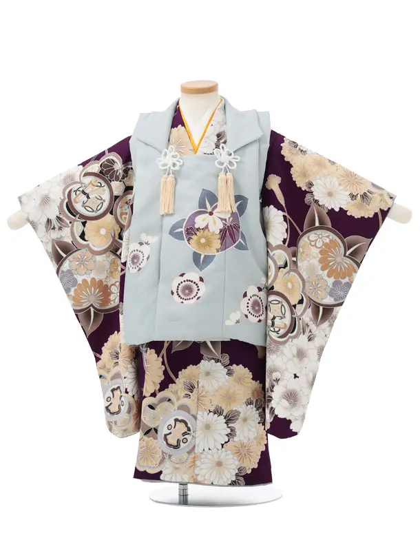 七五三レンタル(3歳男児被布)W677 水色 × パープル 橘 桜