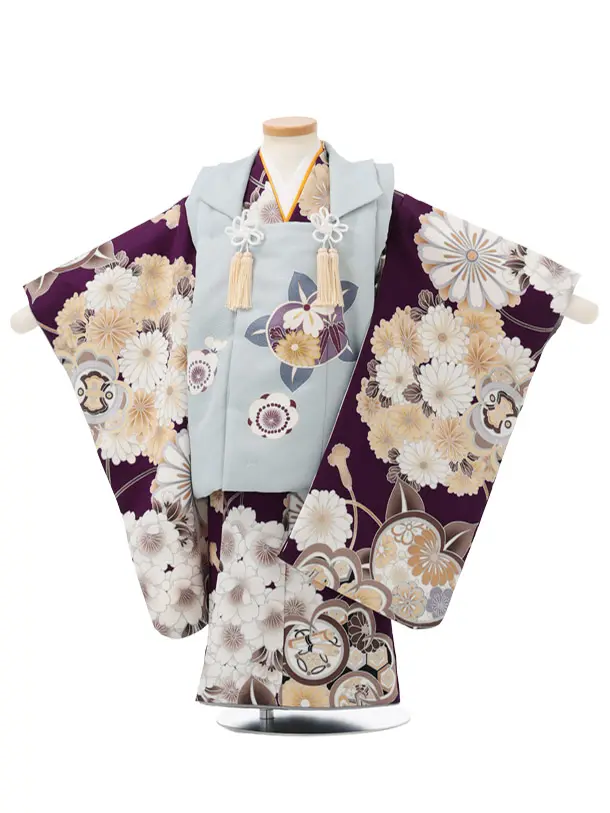 七五三レンタル(3歳男児被布)W679 水色 × パープル 橘 桜