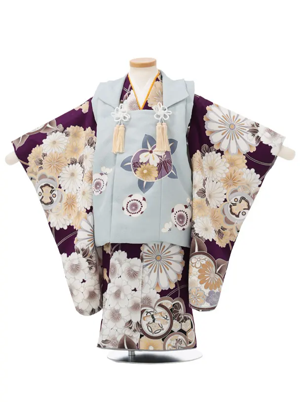 七五三レンタル(3歳男児被布)W679 水色 × パープル 橘 桜