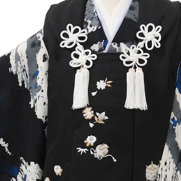 七五三(3歳男児被布)W689【正絹】黒地 刺繍宝尽くし×ペイント柄