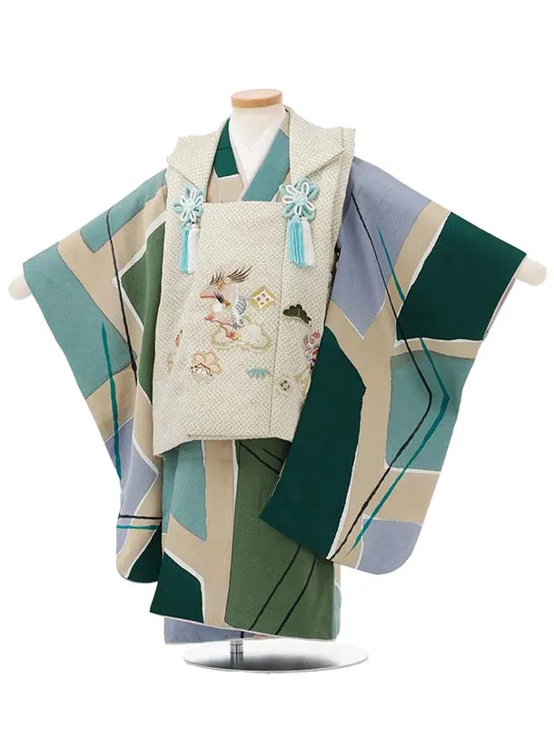 七五三(3歳男児被布)W690【正絹】ヒワ疋田 刺繍鷹×グリーン変わり柄
