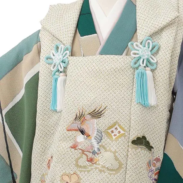 七五三(3歳男児被布)W690【正絹】ヒワ疋田 刺繍鷹×グリーン変わり柄