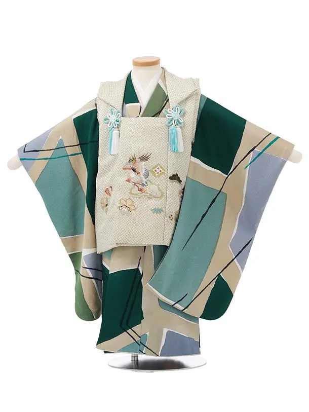 七五三(3歳男児被布)W691【正絹】ヒワ疋田 刺繍鷹×グリーン変わり柄